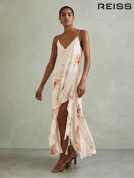 Reiss Ivory/Coral Melody Floral Print Side Split Midi Dress (E26403) | €96