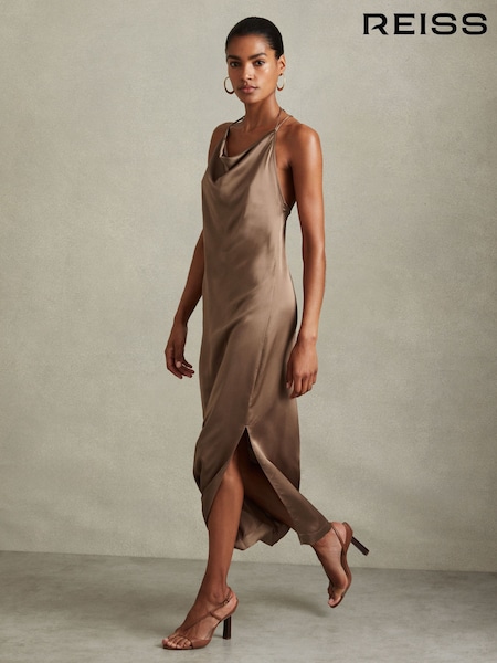 Tummanruskea - Reiss Lilah Satin Cowl Neck Maxi Dress (E26405) | €217