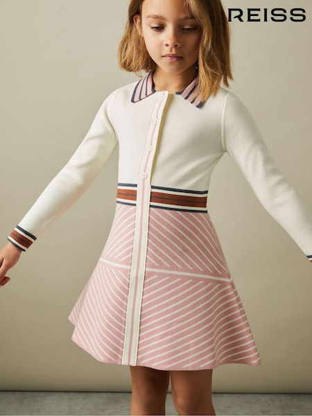 Reiss Pink Zana 9-13 yrs Knitted Striped Collar Dress (E26467) | AED533