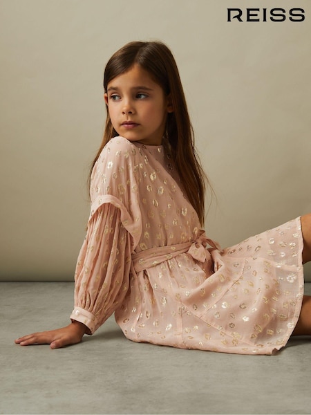 Reiss Pink Allie 9-13 yrs Metallic Jacquard Print Puff Sleeve Dress (E26477) | 544 QAR