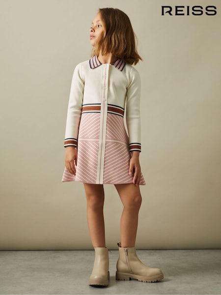 Reiss Pink Zana 4-9 yrs Knitted Striped Collar Dress (E26494) | €104