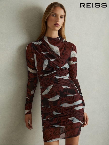 Reiss Burgundy Kallie Printed Ruched Mini Dress (E26569) | AED1,282