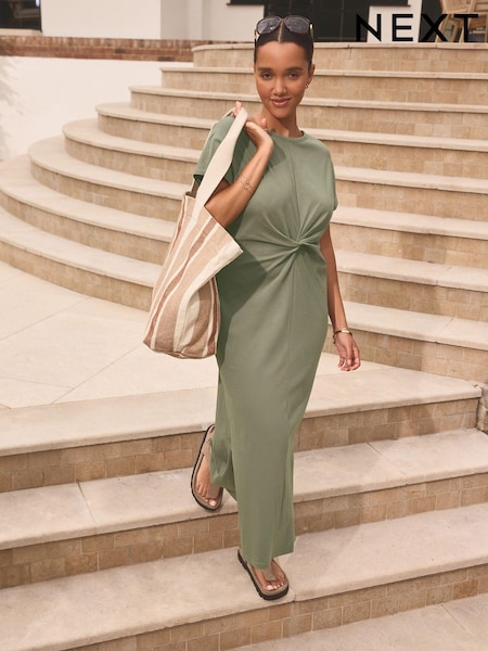 Khaki Green 100% Cotton Twist Short Sleeved T-Shirt Summer Dress (E26573) | $36