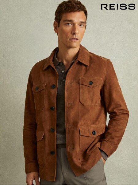 Reiss Tobacco Brown Clock Suede Front Pocket Jacket (E26586) | AED3,082