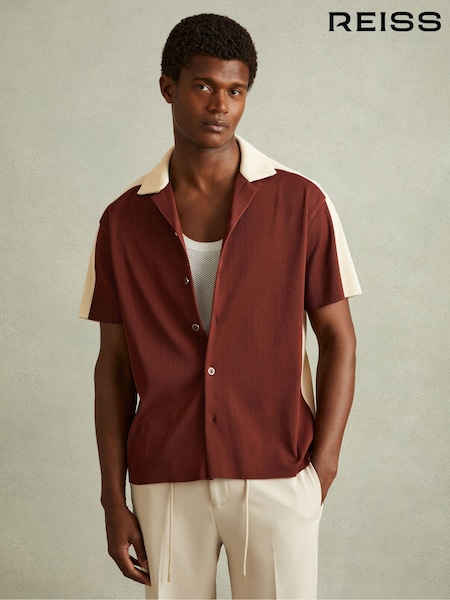 Рыже-красный/Off White - Reiss Castro Oversized Plisse Cuban Collar Shirt (E26587) | €149