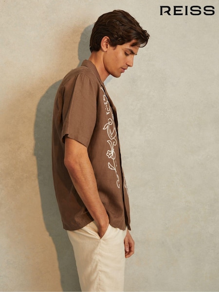 Reiss Tobacco Brown Sonny Linen Embroidered Cuban Collar Shirt (E26590) | 941 QAR