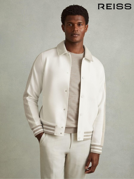 Reiss Optic White/Soft Grey Melange Arnold Hybrid Interlock Jersey Bomber Jacket (E26619) | AED1,282