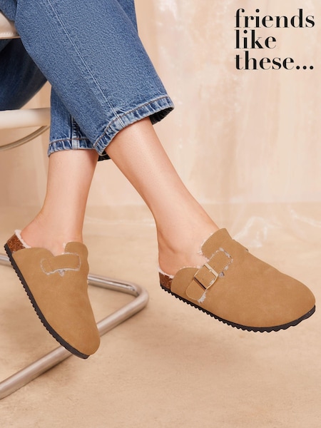 Friends Like These Camel Buckle Faux Suede Comfort Footbed Clog (E26653) | AED75