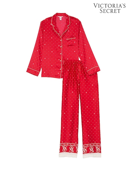 Victoria's Secret Lipstick Red Logo Pin Dot Satin Long Pyjama Set (E26753) | €79
