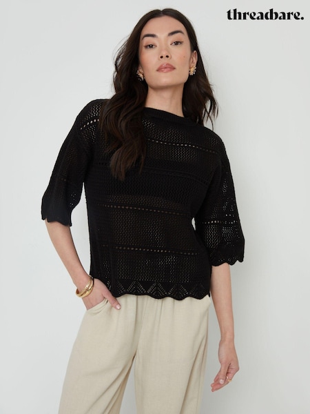 Schwarz - Threadbare Pointelle Crochet Short Sleeve Top (E27011) | 20 €