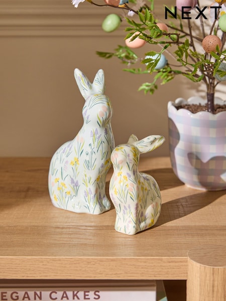 Set of 2 Yellow Floral Spring Bunny Ornaments (E27110) | $24