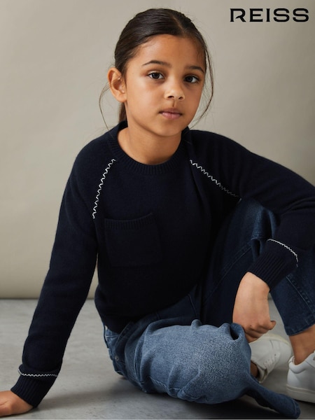 Reiss Navy Lydia 9-13 yrs Contrast Stitch Wool Blend Crew Neck Jumper (E27139) | €65