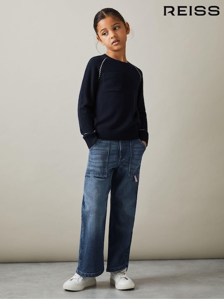 Reiss Navy Lydia 4-9 yrs Contrast Stitch Wool Blend Crew Neck Jumper (E27145) | €58