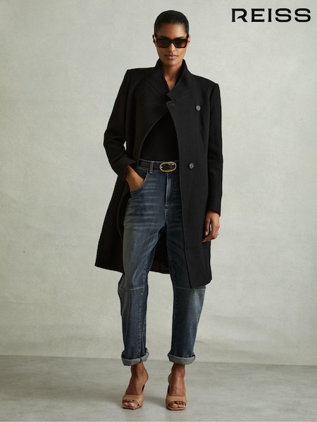 Reiss Black Maude Wool-Blend Longline Double-Breasted Coat (E27169) | €515
