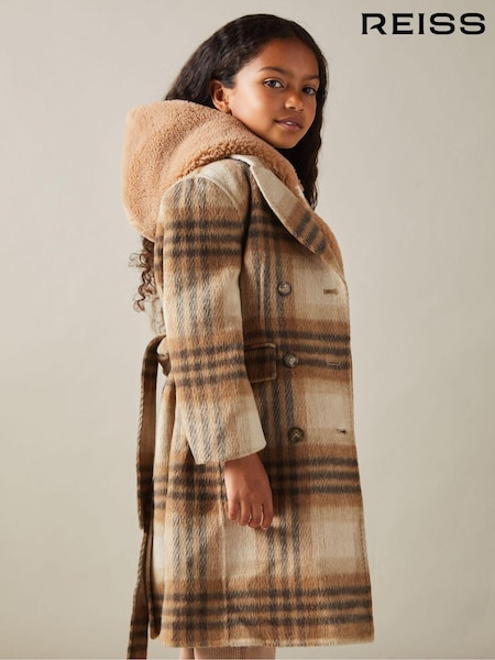 Reiss Brown Maeve 9-13 yrs Checked Wool Blend Blindseam Coat (E27174) | €80