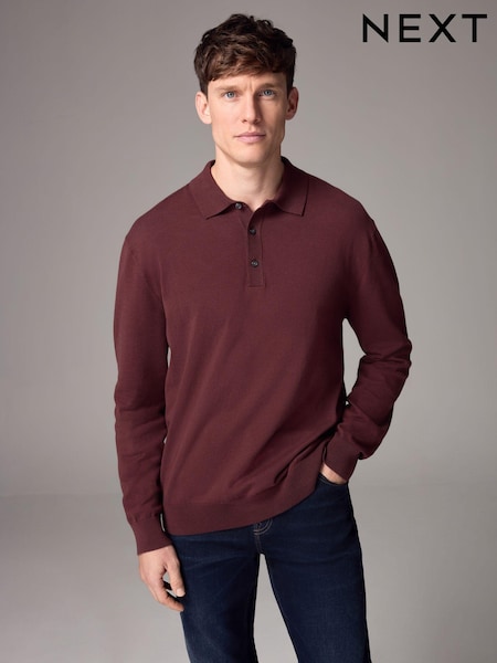 أحمر/بني - Knitted Long Sleeve Polo Shirt (E27290) | ‏65 د.إ.‏