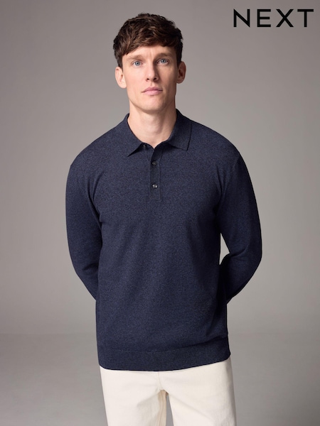 Navy Blue Marl Slim Fit Knitted Long Sleeve Polo Shirt (E27296) | R$ 285