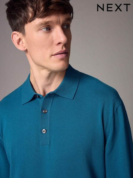 Blue Teal Slim Fit Knitted Long Sleeve Polo Shirt (E27297) | €16