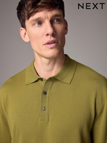 Green Olive Slim Fit Knitted Long Sleeve Polo Shirt (E27298) | 103 QAR