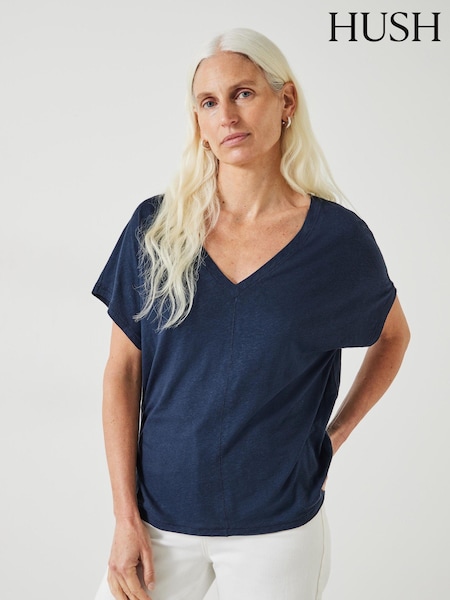 Hush Blue Danny Linen Blend Deep V-Neck T-Shirt (E27410) | €27