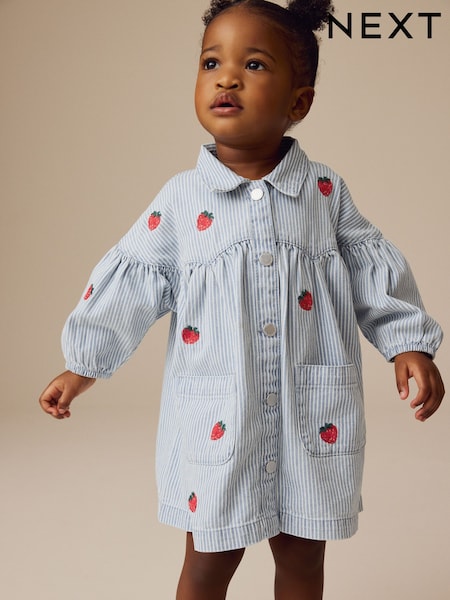Blue Stripe Strawberry Embroidered Denim Shirt Dress (3mths-8yrs) (E27510) | AED86 - AED117