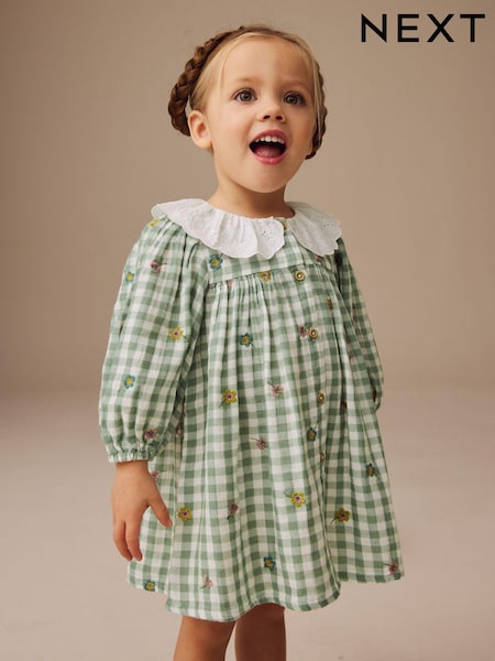 Green Check Embroidered Collar Long Sleeve Dress (3mths-8yrs) (E27516) | AED71 - AED92