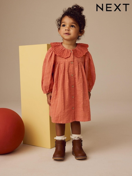 Rust Brown Embroidered Collar Long Sleeve Dress (3mths-8yrs) (E27520) | AED67 - AED88