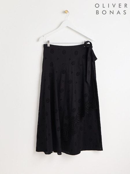 Oliver Bonas Black 100% Cotton Broderie Midi Skirt (E27598) | AED189