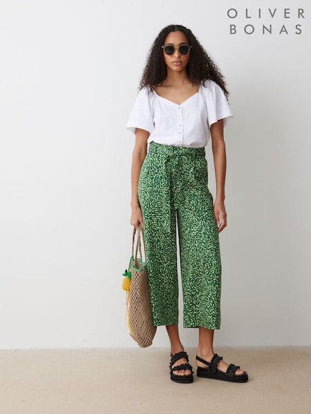 Oliver Bonas Light Green Palm Print Culotte Trousers (E27613) | €50