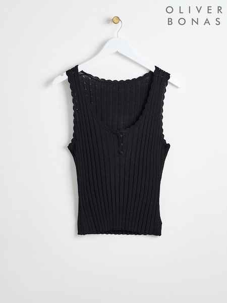 Oliver Bonas Black Pointelle Stitch Knitted Vest Top (E27623) | €27