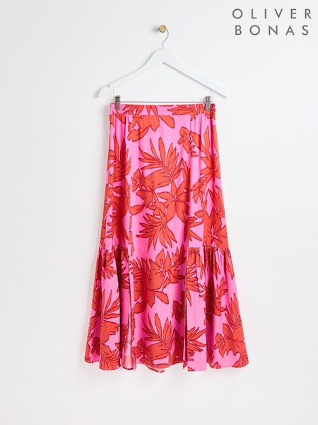 Oliver Bonas Pink Palm Print Tiered Midi Skirt (E27624) | €51
