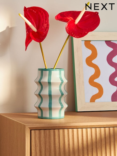 White/Teal Ceramic Striped Abstract Joy Vase (E27739) | CA$35
