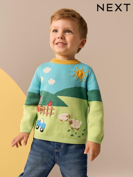 Blue/Green Farm Characters Knitted Crew Neck 100% Cotton Jumper (3mths-7yrs) (E27745) | 659 UAH - 741 UAH