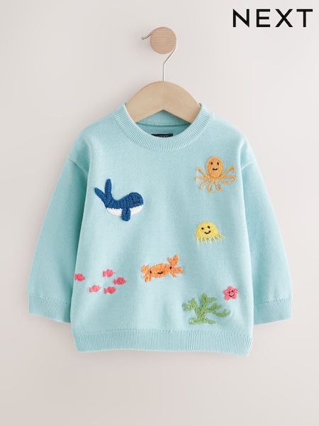 Blue 100% Cotton Sea Life Character Knitted Crew Neck Jumper (3mths-7yrs) (E27752) | 700 UAH - 782 UAH