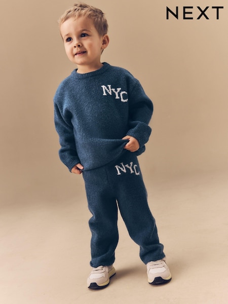 Navy Blue Knitted NYC Varsity Jumper and Joggers Set (3mths-7yrs) (E27754) | €38 - €44