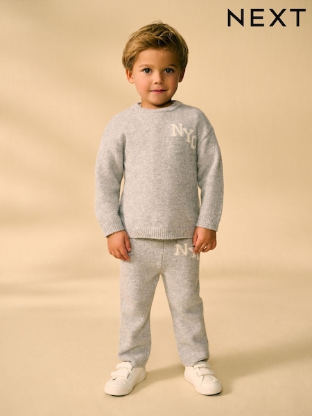 Grey Knitted NYC Varsity Jumper and Joggers Set (3mths-7yrs) (E27757) | €35 - €40