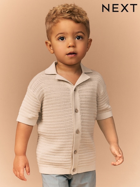 Stone Textured Revere Collar Short Sleeve Knitted 100% Cotton Polo Shirt (3mths-7yrs) (E27760) | 453 UAH - 535 UAH