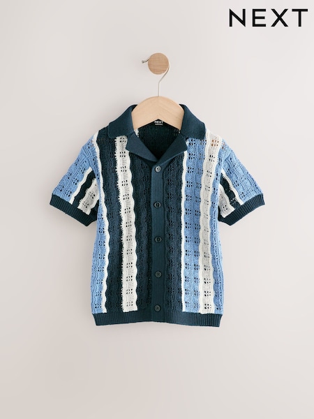Blue Crochet Revere Collar Short Sleeve Knitted Polo Shirt (3mths-7yrs) (E27762) | 535 UAH - 618 UAH