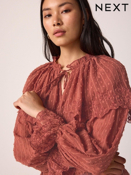 Pink/Rust Sheer Cape Tie Neck Embroidered Blouse (E27814) | €25