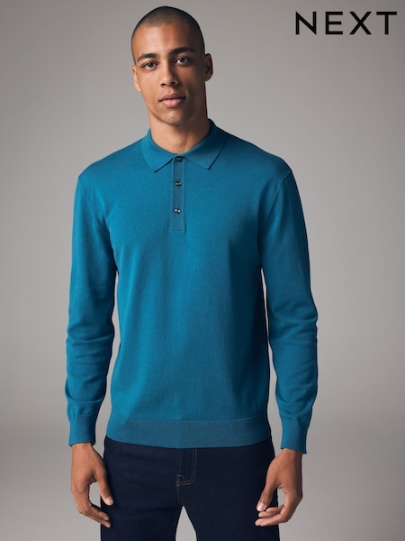 Blue Teal Regular Fit Knitted Long Sleeve Polo Shirt (E27830) | €16