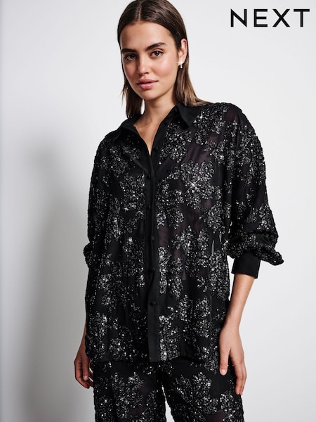 Black Sequin Embellished Sheer Shirt (E27834) | €63