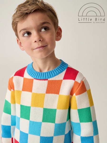 Little Bird by Jools Oliver Multi Rainbow Checkerboard Knitted 100% Cotton Jumper (E27889) | €14 - €18