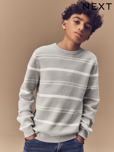 Light Grey Knitted Stripe Crew Neck 100% Cotton Jumper (3-16yrs) (E27898) | €16 - €22