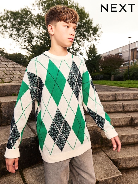 Green Argyle Pattern 100% Cotton Knitted Crew Neck Jumper (3-16yrs) (E27910) | €27 - €35