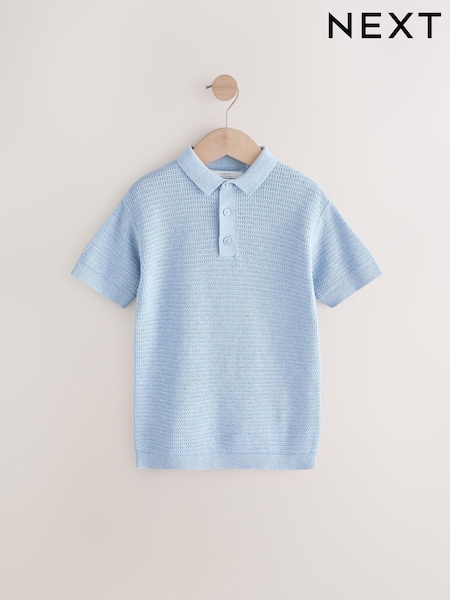Blue 100% Cotton Textured Short Sleeve Knitted Polo Shirt (3-16yrs) (3-16yrs) (E27918) | CA$36 - CA$50