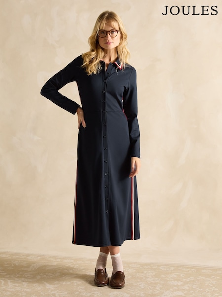 Joules Pia Navy Blue Button Down Ponte Maxi Dress (E27951) | R$ 640