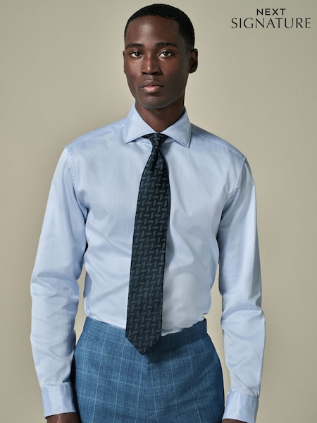 Blue Slim Fit 100% Pima Cotton Sateen Finish Long Sleeve Signature Shirt (E28058) | kr900