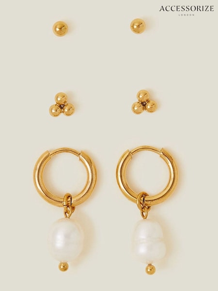 Accessorize Gold Tone Stainless Steel Pearl Earrings 3 Pack (E28089) | AED137