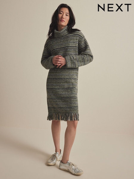 Green Khaki Olive Relaxed Fit Spacedye Roll Neck Midi Fringe Knitted Jumper Dress with Wool (E28161) | €30