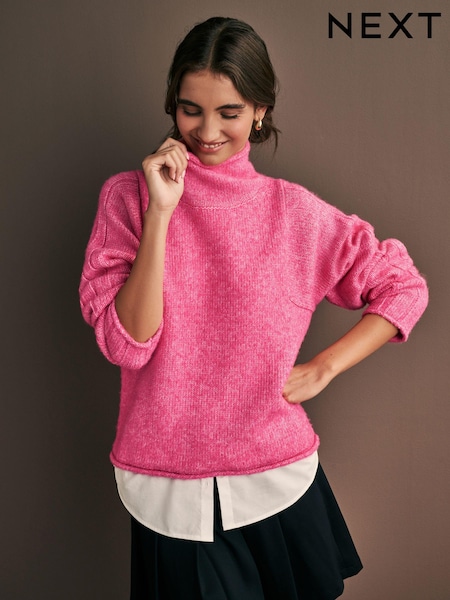 Pink Bright Roll Edge Shirt Layer Knitted 100% Cotton Jumper (E28164) | 1,625 UAH